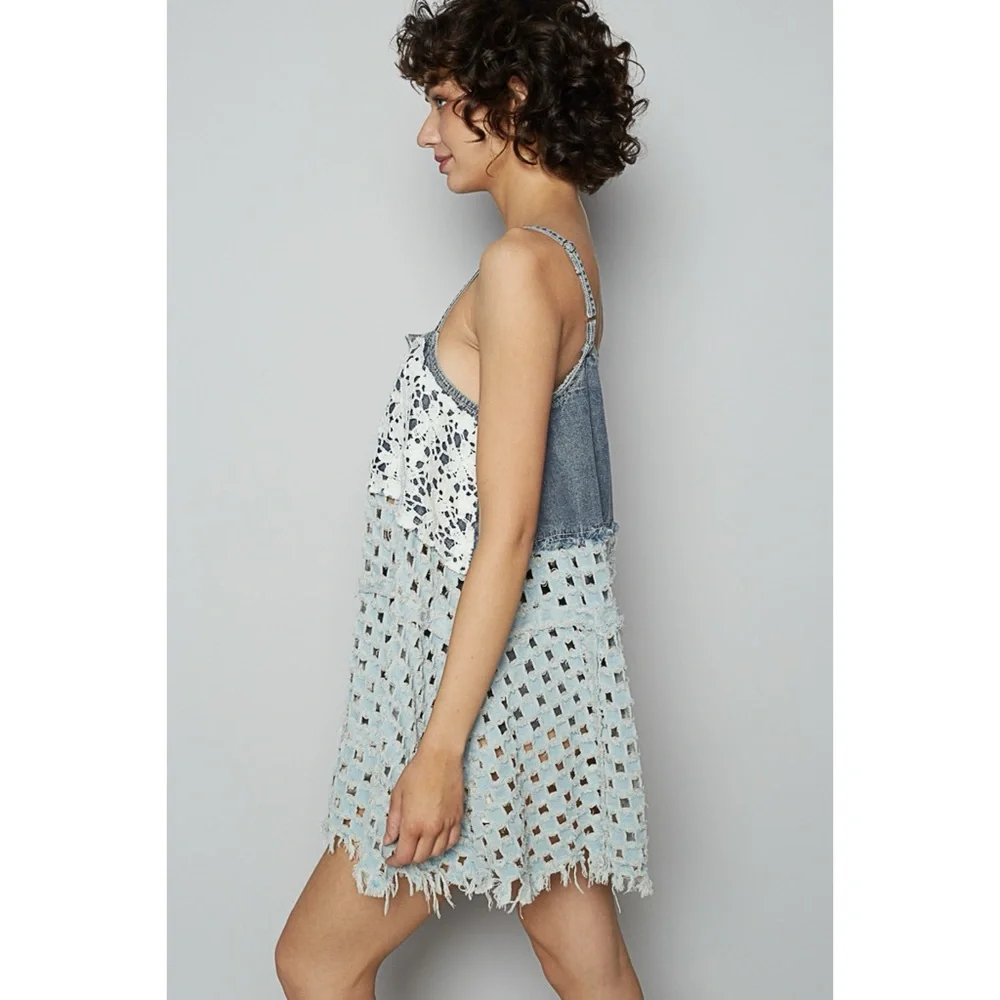 POL Convertible Denim Top Dress | Lace Overlay Boho Western - Picture 7 of 10